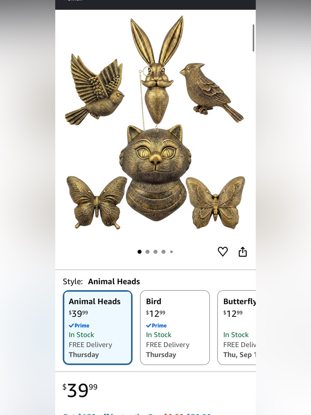 6-Pack Gold Animal Heads for Wall